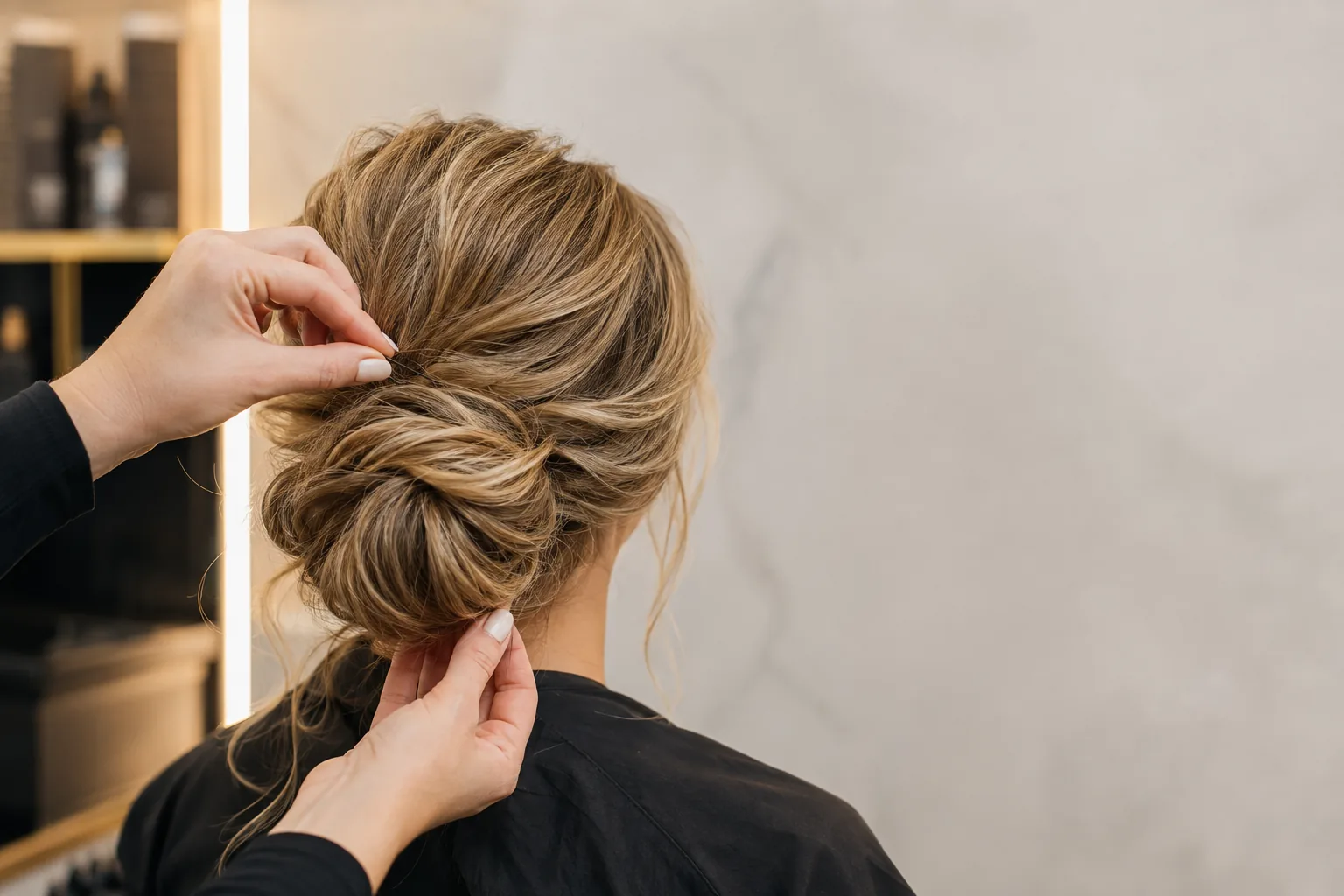 Mãos a finalizar um penteado apanhado visto de costas